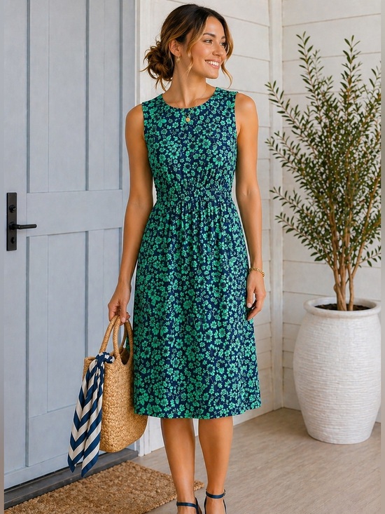 Maggy London Dresses & Skirts - Maggy London Dress 8 Green Navy Floral Sleeveless Midi Fit & Flare Cottagecore